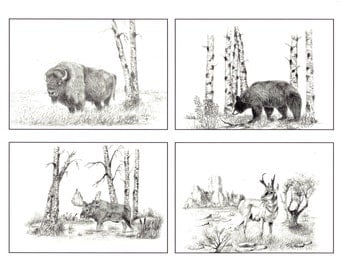 Wildlife Pencil Sketch Greeting Cards Package of Four