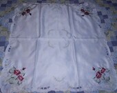 Beautiful Embroidered tablecloth or topper 33 inches square Floral Roses flowers