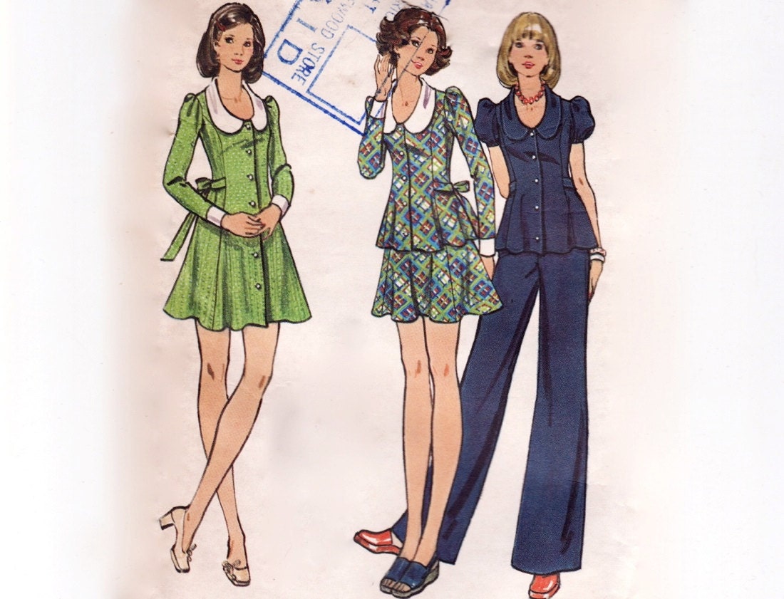Vintage 70s Sewing Pattern - Puff Sleeve Mini Dress, Tunic Top, Miniskirt, Pants, Low Peter Pan Collar & Tie Waist - Butterick 3015, Bust 32