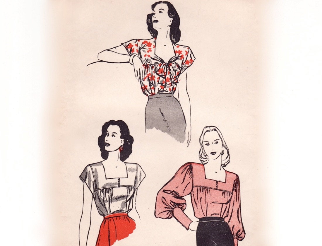 Vintage 1940s Sewing Pattern - Square Yoke Peasant Blouse with Bishop Mutton Sleeves or Short Cap Sleeves - Butterick 3966, Bust 30, Unused