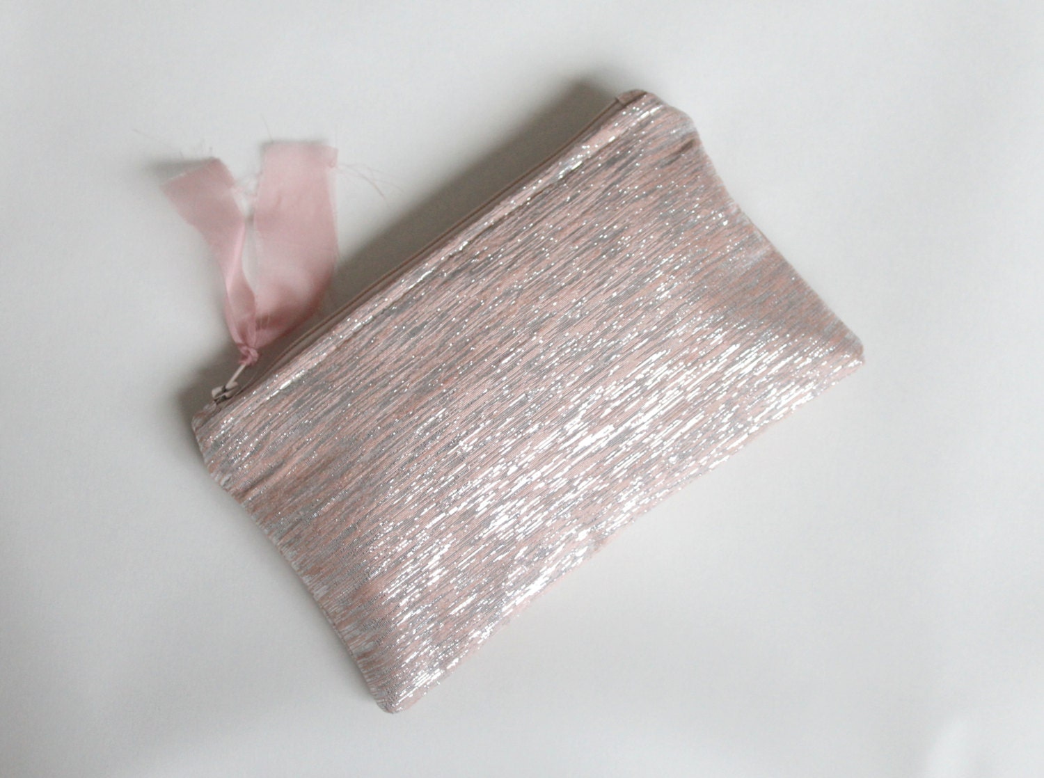 Blush metallic silk clutch, coin purse,  zipper pouch