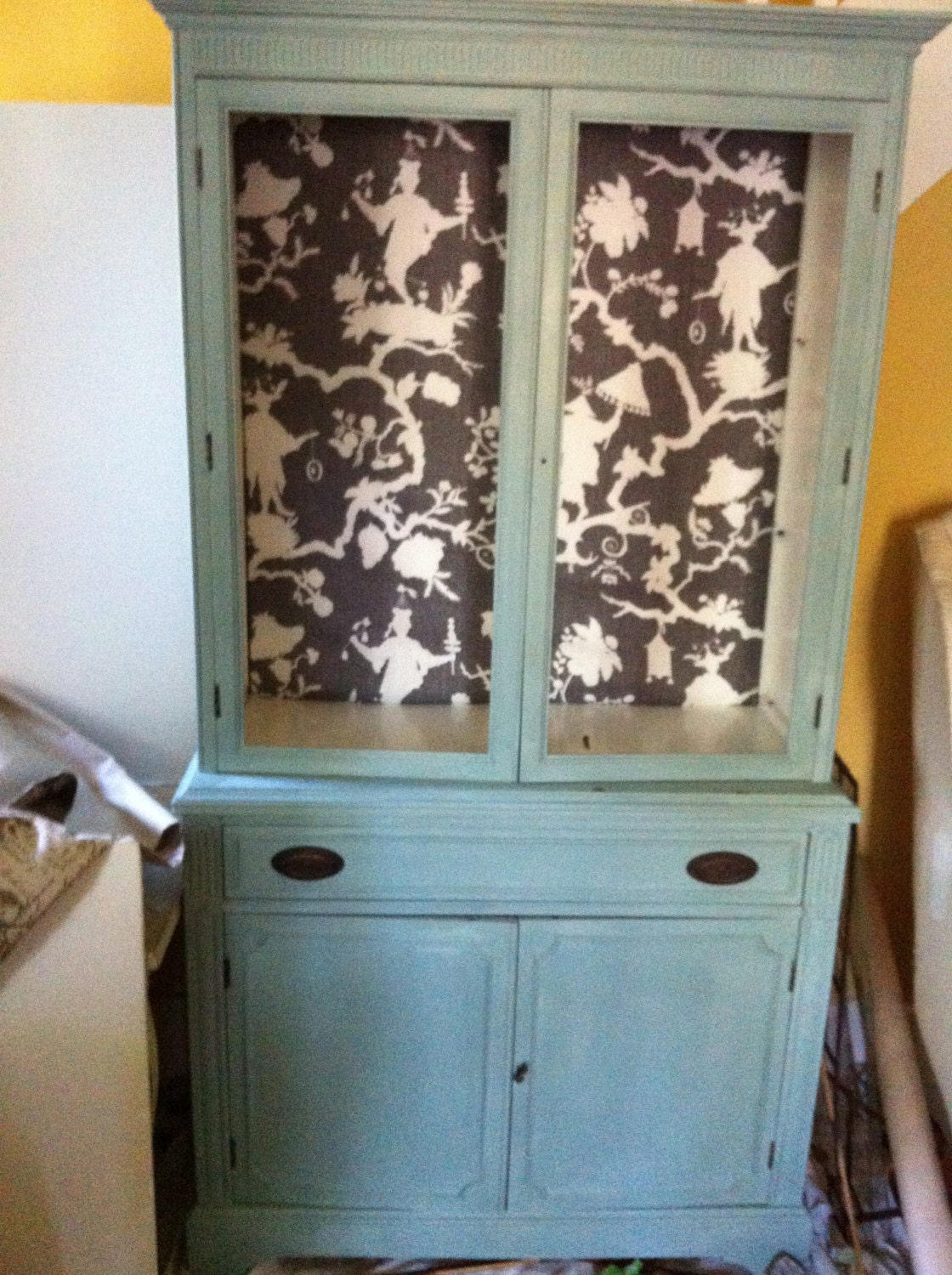 COMING SOON Vintage China Cabinet Painted Blue Lined In Schumacher's Shantung Silouette Wallcoverng
