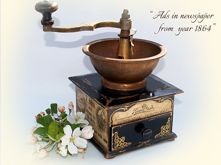 REAL 1950s Coffee mill grinder / Upcycled Decoupage technique mill grinder vintage retro looking Unique one of a kind Shabby chic HANDMADE