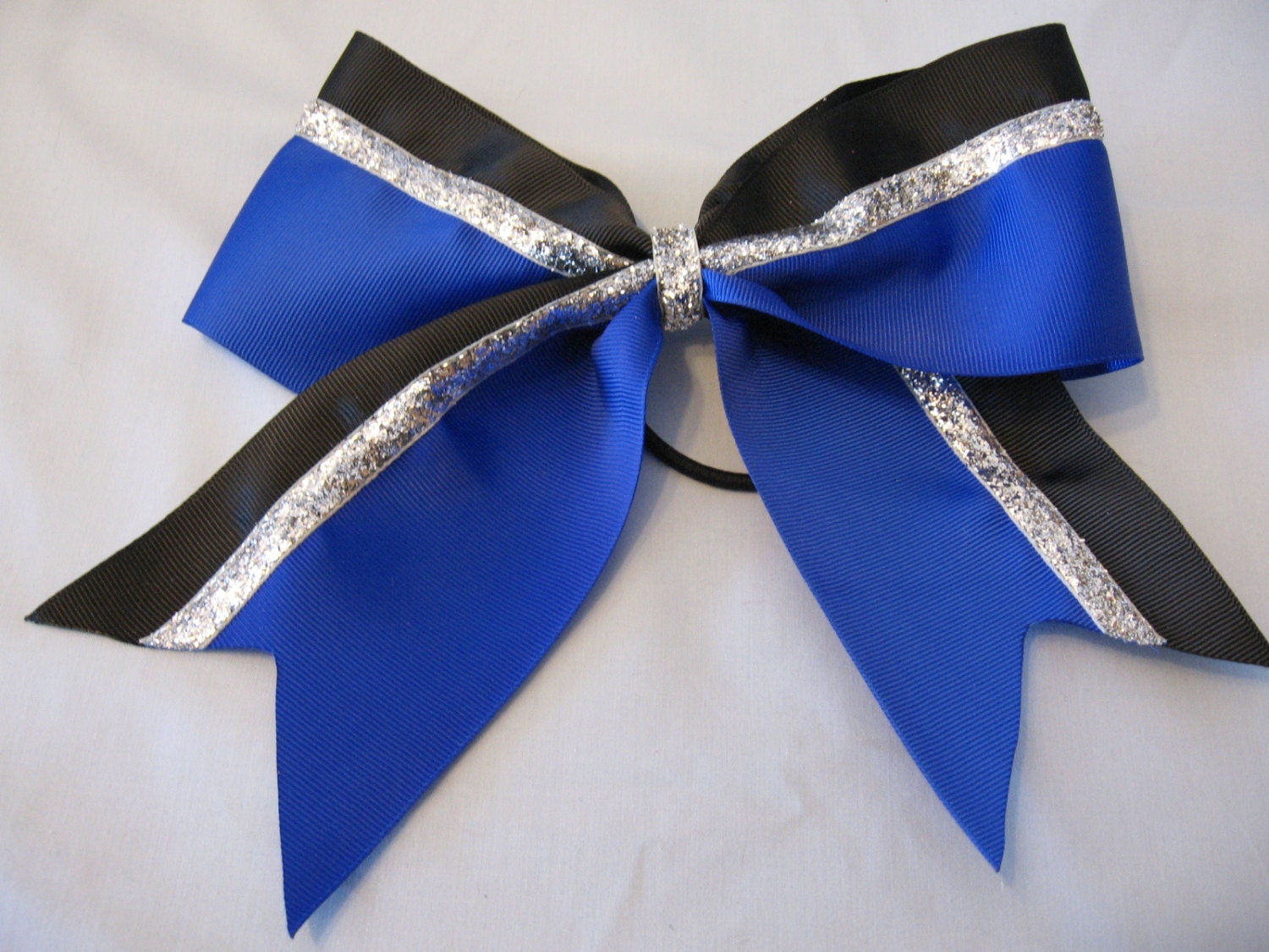 Cheer Bow - Big Cheer Bow - 3" Cheer Bow - Cheerleader Bow - Competition Bow - Royal Blue, Black and Silver Bow with Split Tails