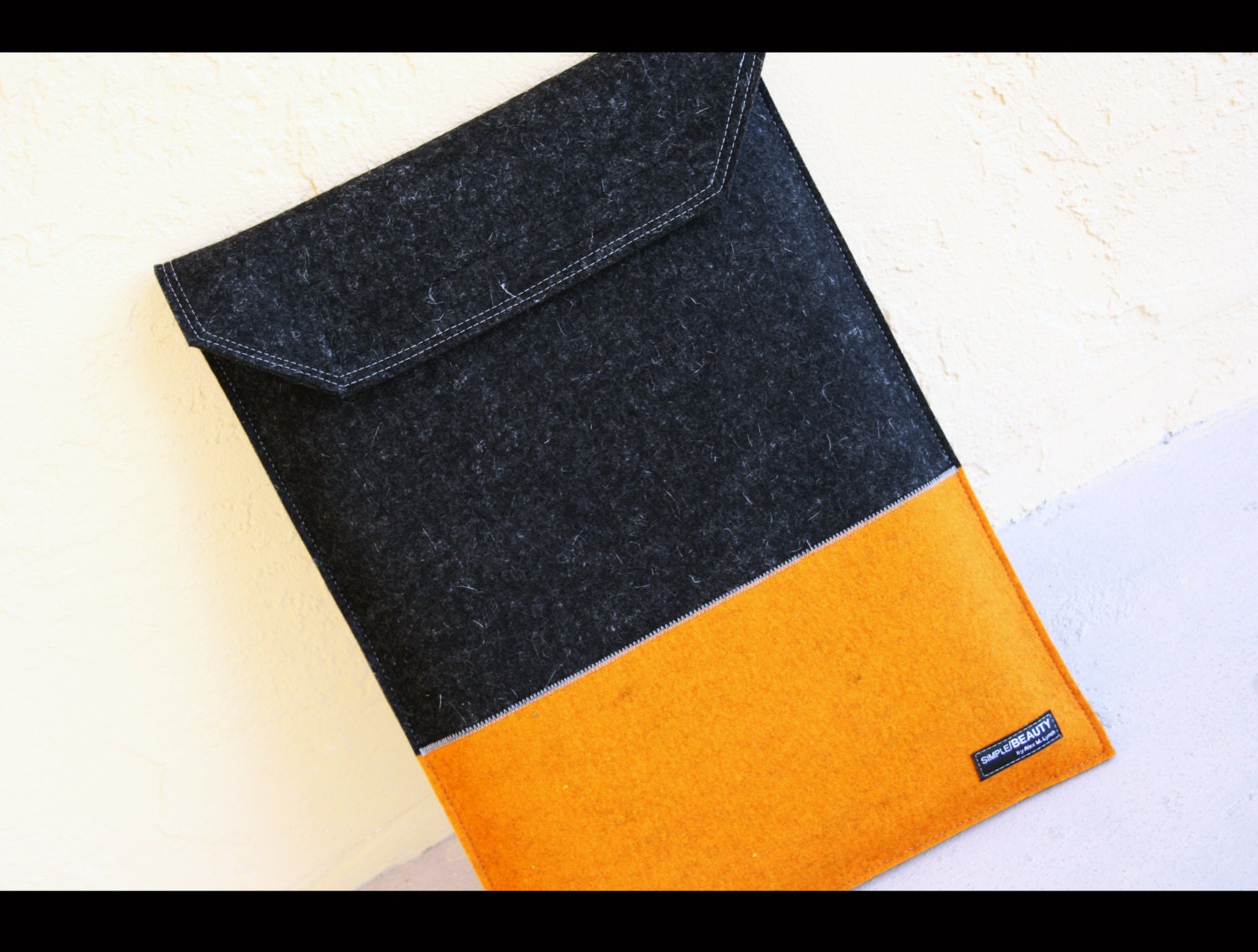 macbook 13" sleeve case - charcoal and orange wool felt sleeve case and velcro