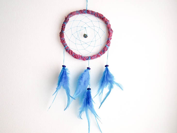Dream Catcher - Ocean Love - With Raw Titanium Druzy Gemstone, Light Blue Feathers and Purple Frame - Home Decor, Mobile