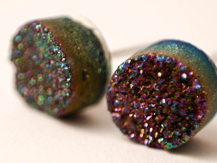 Boho Earrings - Sparkling Moon - Rainbow Colorful Raw Druzy Round Titanium Stud Earrings - Post, Jewelry, Hippie, Hipster, Bridesmaids Gift