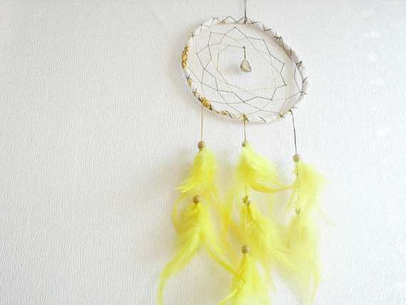 Dream Catcher - Sunburst - With Gemstone and Yellow Feathers - Home Decor, Nursery Mobile