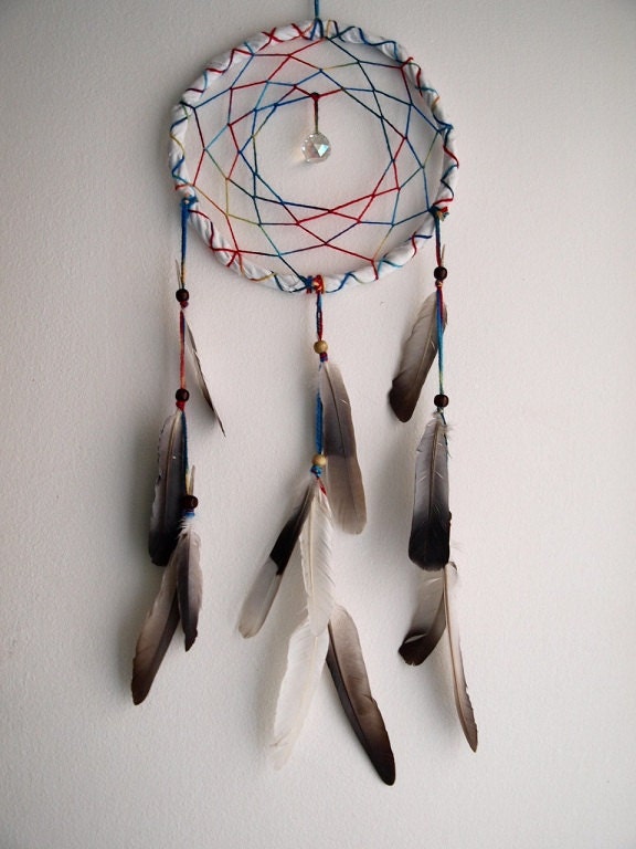 MADE TO ORDER - Dream Catcher - Rainbow - With Black and White Pigeon Feathers and Colorful Nett - Home Decor, Mobile