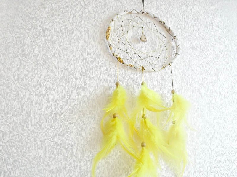 Dream Catcher - Sunburst - With Gemstone and Yellow Feathers - Home Decor, Nursery Mobile
