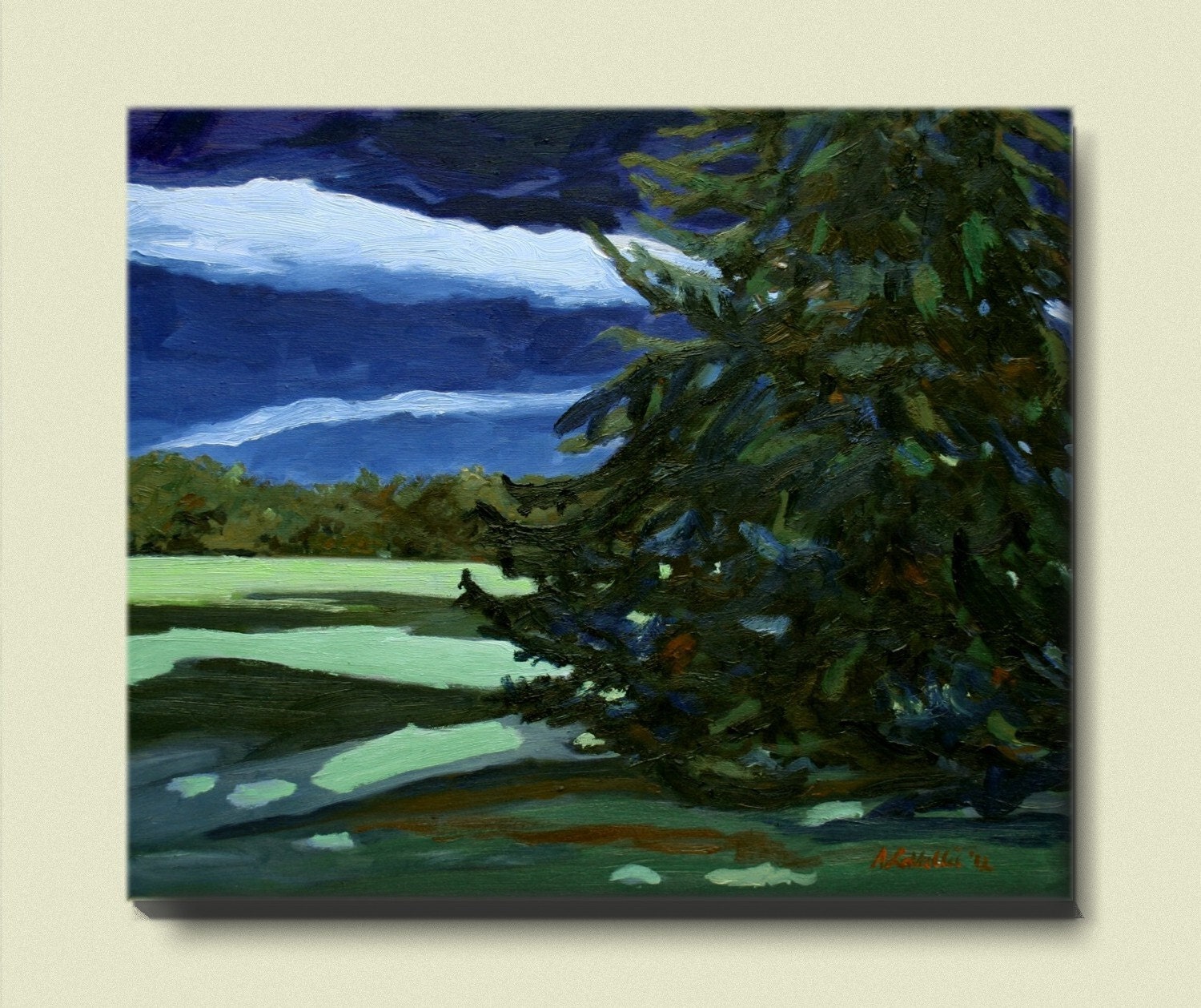 SPRINGTIME BLUE Moon light Landscape Painting in oils .Spruce tree , Pine, firefly night canvas wall art .
