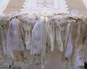 Large Ornate burlap runner or tablecloth up cycled lace crochet ruffles ooak by Anita Spero