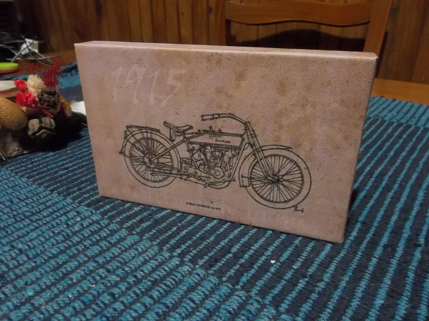 Harley Davidson 11J 1915,on CANVAS print For Man Office,Original drawing art print, Canvas on recycled wood, 4x6,5 in.