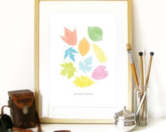 Spring Leafs Collection Poster Art Print with leafs and pastel spring colors vibrant bright and pastel soft teal with pablo Neruda quote art