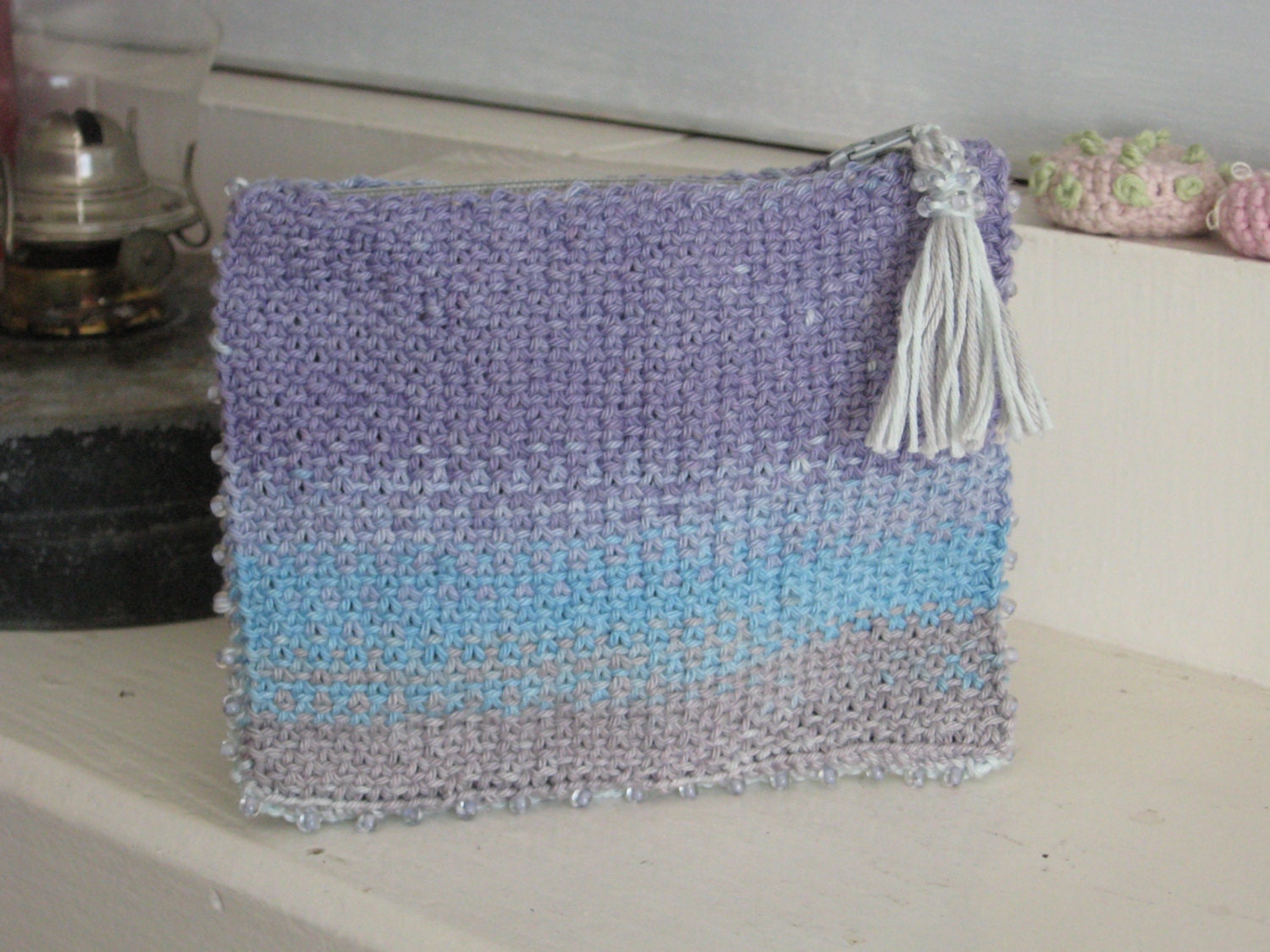 Hand Knit Small Purse with Beads in a Linen Stitch