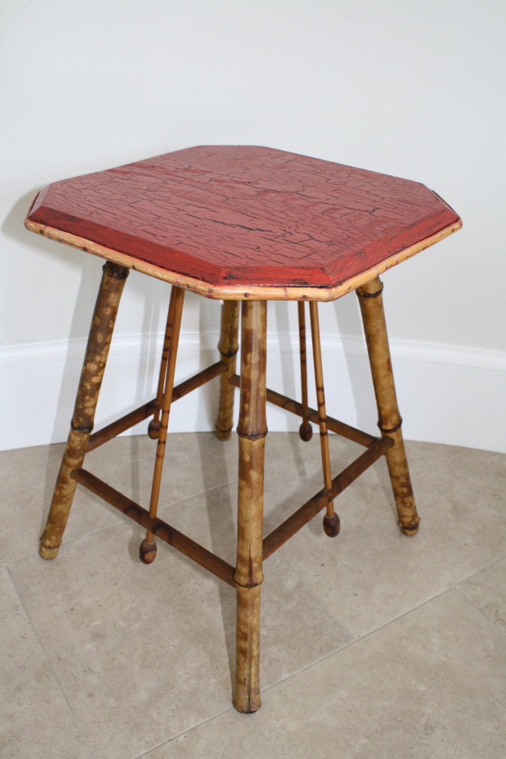 Vintage bamboo wood side table red painted top
