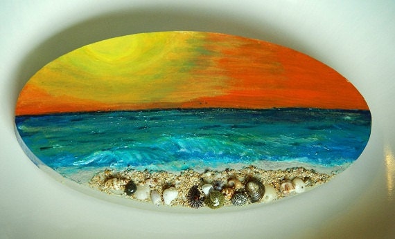 Winter Sunset - Art, Acrylic Painting, Mixed Media - Sunset over ocean and beach with Sea Shells