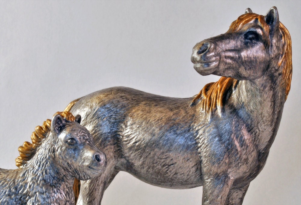 Set of two decorative hand painted Mama and Baby Horse figurines- faux pewter finish with gold highlights