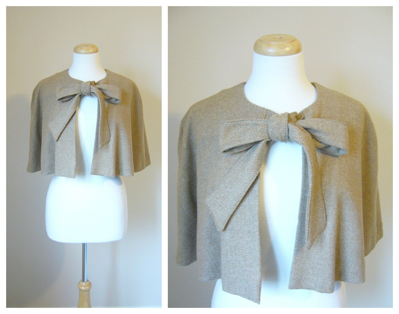 Vintage-Inspired  WOOL CAPELET in Camel-Blonde Herringbone Tweed/Handmade/One Size