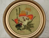 Vintage 1970's Framed Crewel Embroidery Wall Hanging Mod Green Frog and Orange Mushrooms Handmade Kitschy Folk Art