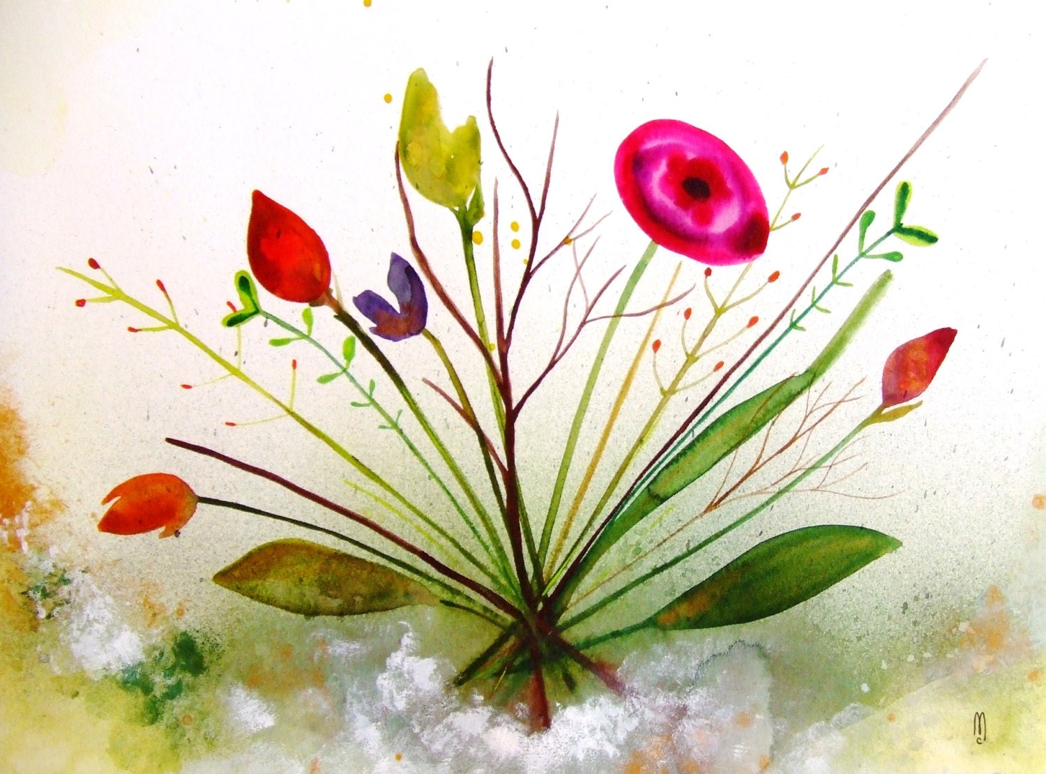 Flowers Original Watercolor Painting Ink Drawing Contemporary Modern Art Botanical Decor Garden Leave Bouquet Green Pink Wall Art Flowers