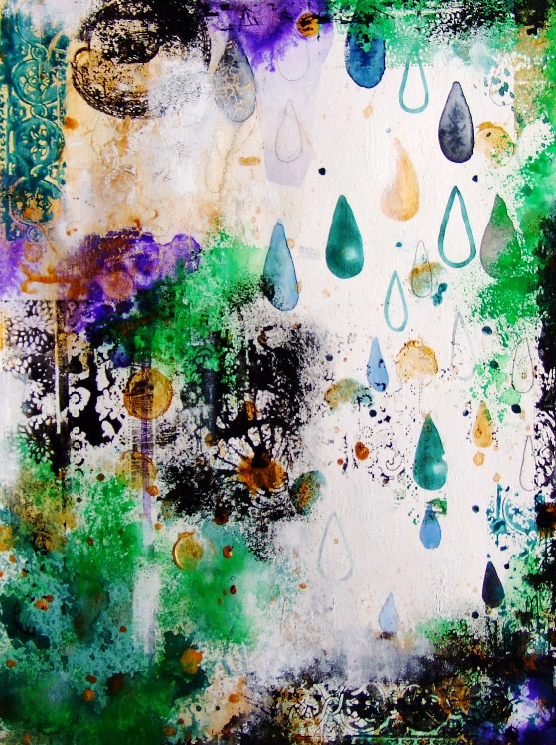 Abstract Art Original Painting Landscape Drops Acrylic Paint Ink Gouache Drawing Home Decor Wall Art Contemporary Art Landscape Art Green