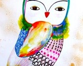 Owl Original Painting Watercolor Gouache Ink Drawing Bird Chick Animal Contemporary Art Fine Art Workart Feathers Cute Pink Blue Owl Decor