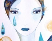 Portrait Woman Original Painting Face Drops Water Rain Drawing Woman Watercolor Ink Blue Grey Wall Art Contemporary Art Woman Art