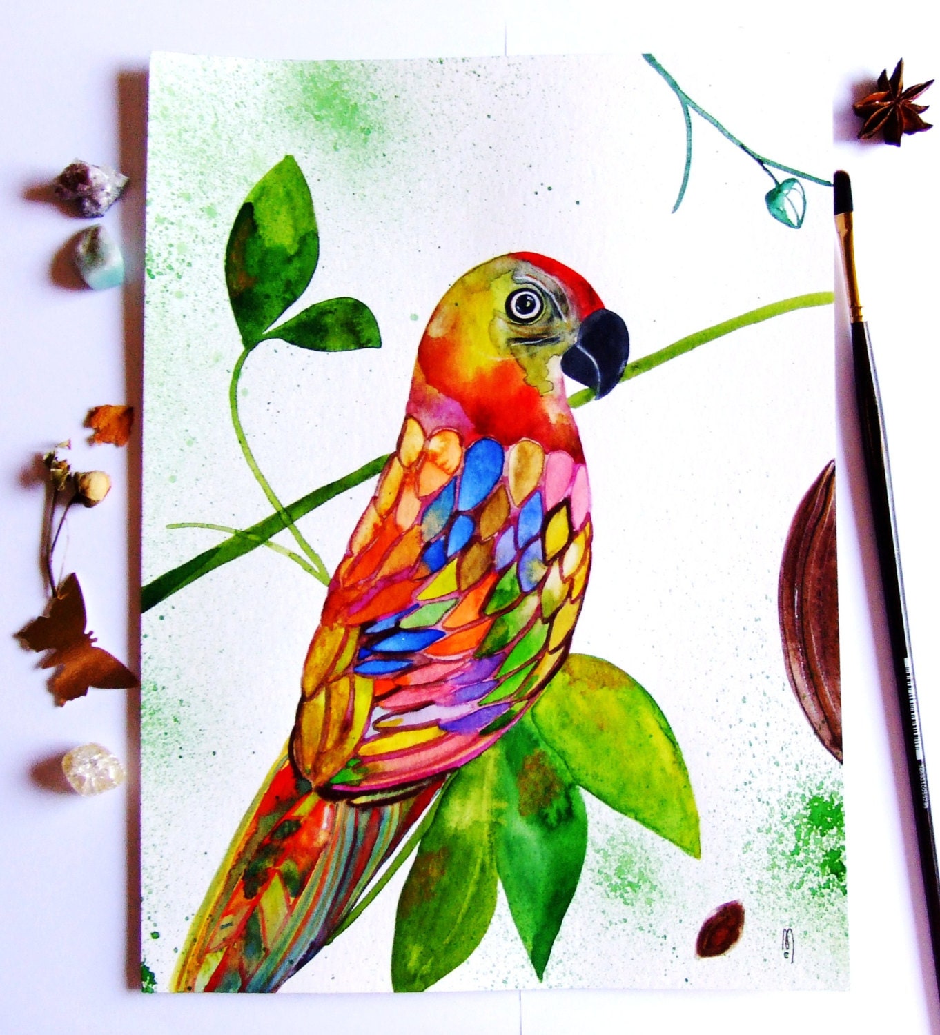 Parrot Original Painting Watercolor Ink Bird Painting Bird Drawing Parrot Contemporary Art Wall Art Feathers Landscape Parrot Pink Blue