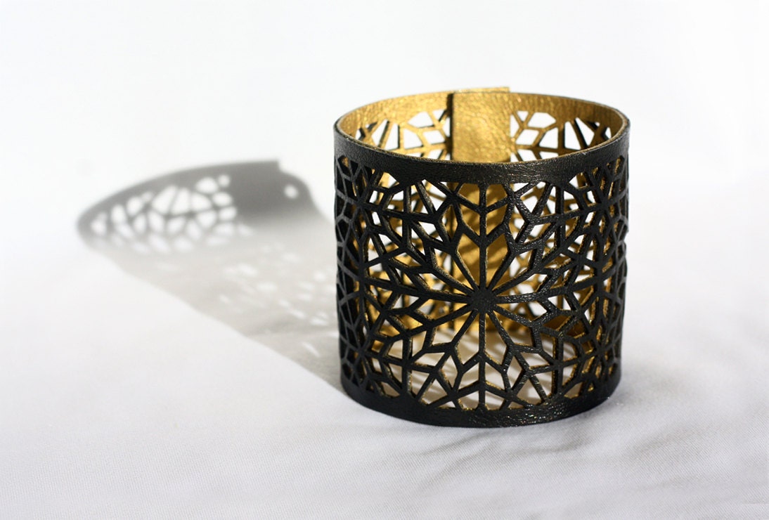 Geometric Laser cut Black & Gold Faux Leather Cuff (Moroccan Zillij inspired)