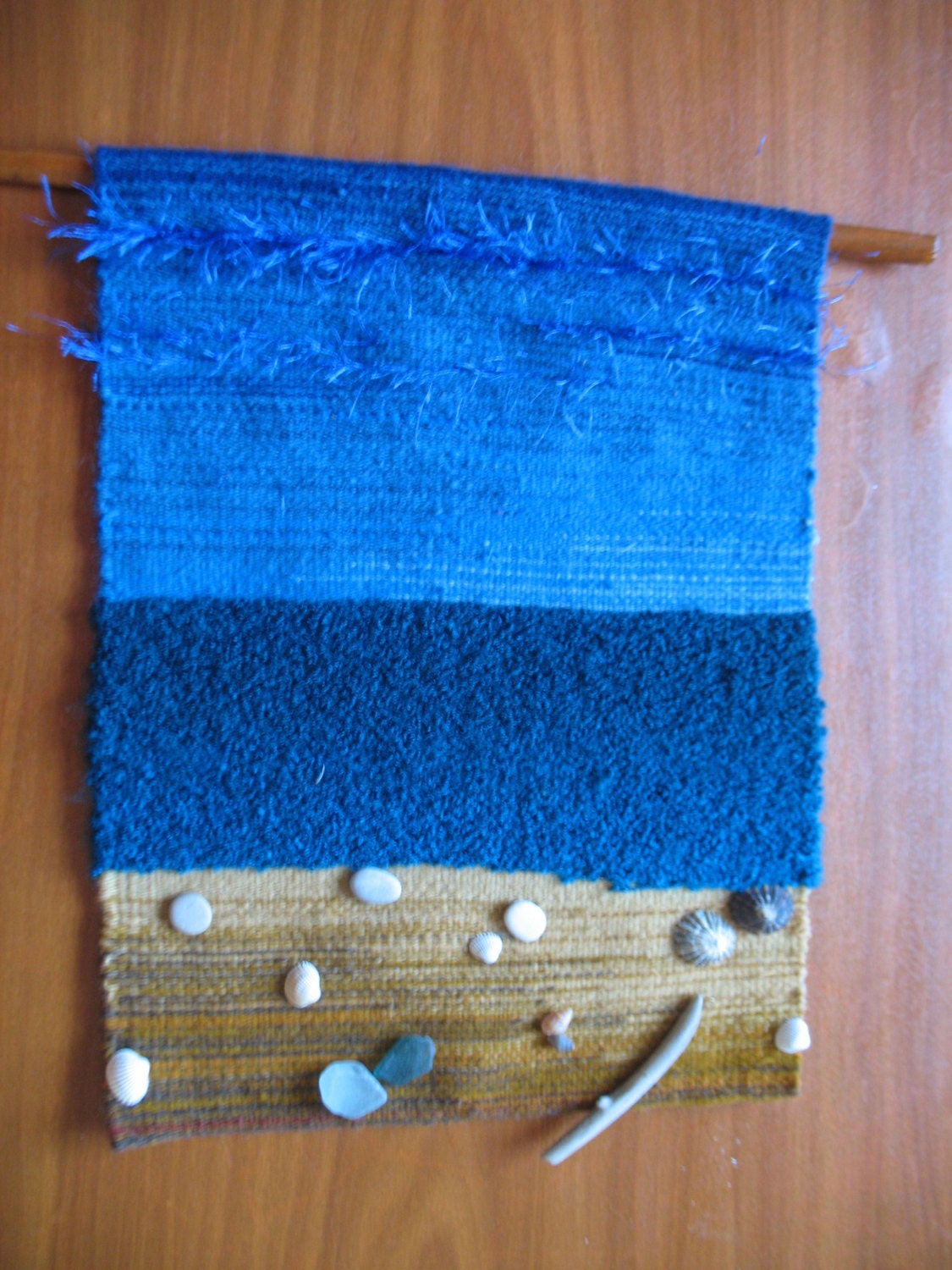 Hand Woven Mini Tapestry ''Seaboard'' with Shells, Sea Stones, Marine Slides and Sea Trees.