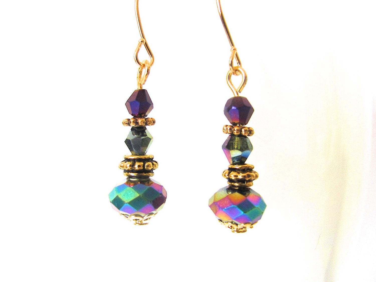Iris Purple Earrings, Crystal Earrings, Dangle Earrings, Iridescent, Sparkly, Purple, Amethyst, Antique Gold, Rainbow, Vintage Glamour