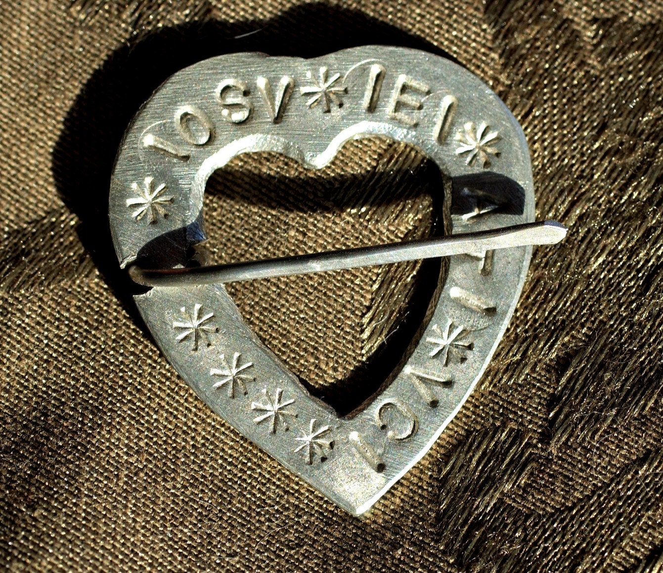 Pewter Heart Brooch with "Here I am Yours" in 14th c French