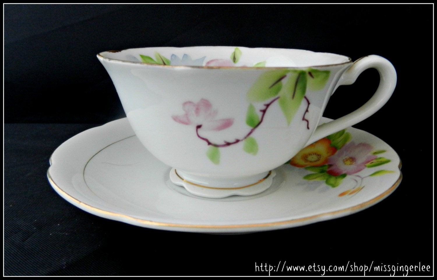 Vintage 1940's  Chugai China demitasse floral footed teacup and saucer set with gold accents made in Occupied Japan