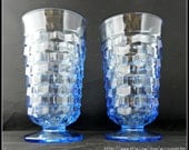 Pair of vintage Indiana Glass Company Whitehall pattern ice blue footed ice tea tumbler drinking glasses