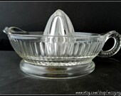 Vintage mid-century round clear depression glass reamer hand juicer kitchen tool with spout and handle