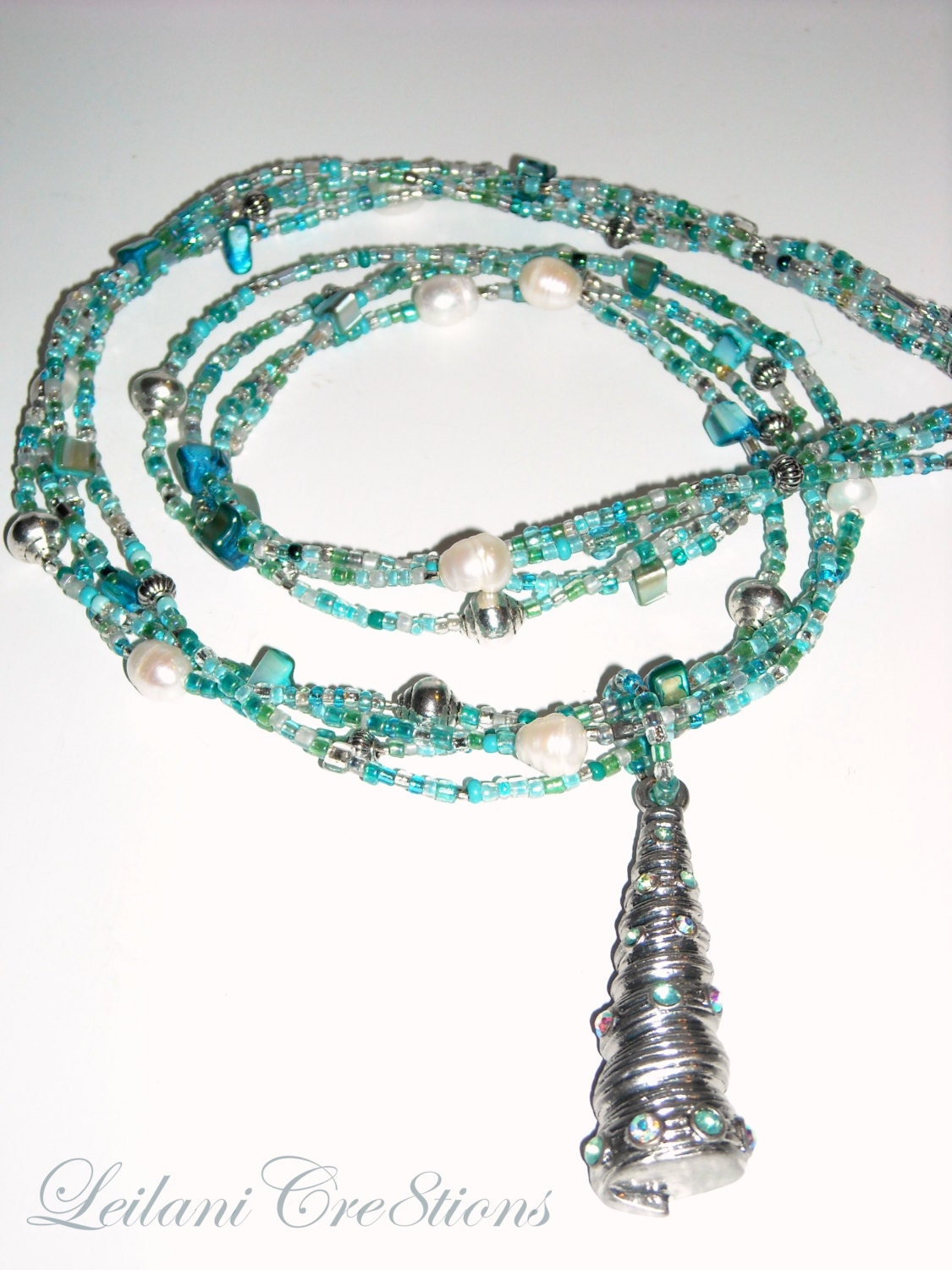 Aqua Beach Necklace with Blue Glass Sead Beads, Rough Pearls, Silver Beads, & Dyed Shell Chips