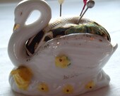 Pin Cushion Ceramic White Swan Gold Accent Yellow Flowers White Red Black Material Sewing Notion