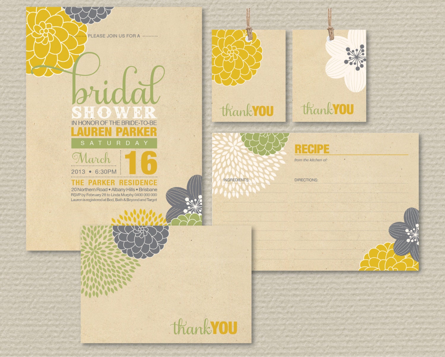 Printable Bridal Shower Invitation Party Pack - Modern Flower Design on rustic background