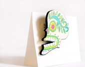 Sugar Skull Pin, Decorated Day of the Dead Skeleton Brooch with Green and Blue Wood Pinback button