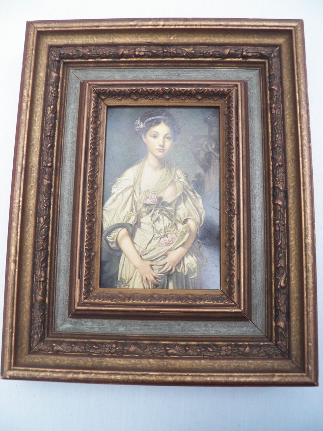 Vintage 1920's Brown Robertson Co. Museum Color Print in Ornate Heavy Wood Shadow Box Frame Victorian "Broken Pitcher" Greuze French Artwork