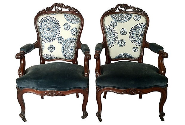 C. 1870's Velvet Tuft Victorian Arm Chairs, Pair Upholstered Caster Wheels Blue and Cream Fabric