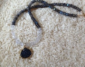 Ink Blue Druzy, Labradorite and Moonstone Necklace