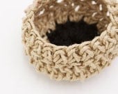 Chunky crocheted basket vessel in 3 ply thick natural jute with coloured detail trim - small
