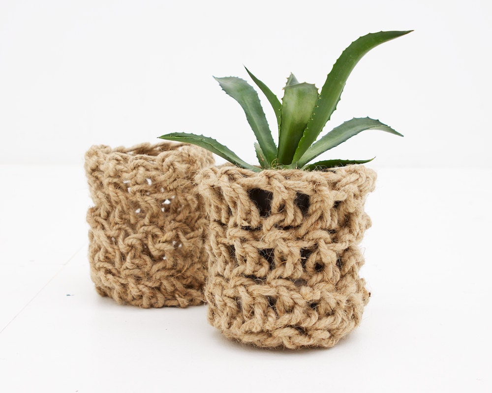 Chunky crocheted planter in soft Scottish thick natural jute - to suit 14cm pot