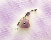 Natural light Purple Amethyst Stone with Blue Rhinestone an Dangling Swarovski Crystal, Belly Button Ring, Belly Button Jewelry for Her