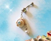Hawaiian Tropical Seashell, With Blue Crystal and Dangling Pearl, Belly Button Navel ring, Belly Button Jewelry for Her
