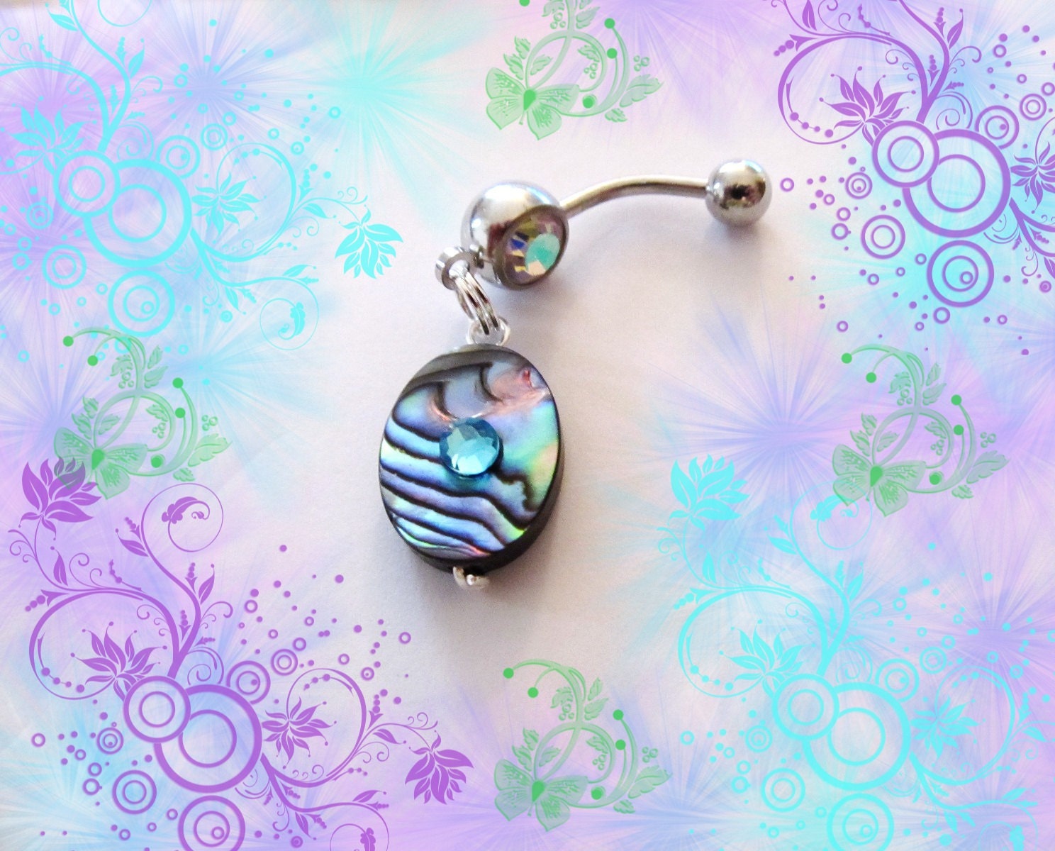 Belly Ring, Dangling Genuine Tropical Hawaiian Abalone Shell, With Blue Crystal, Belly Button Jewelry, For Her