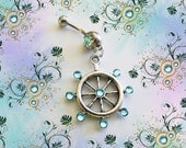 SALE-Belly Ring, Antique Silver Nautical Ship Stern Wheel with Blue Crystals, Belly Button Jewelry, For Her