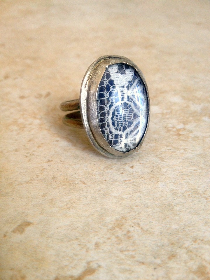 Vintage Lace Under Glass Ring by Heron and Lamb